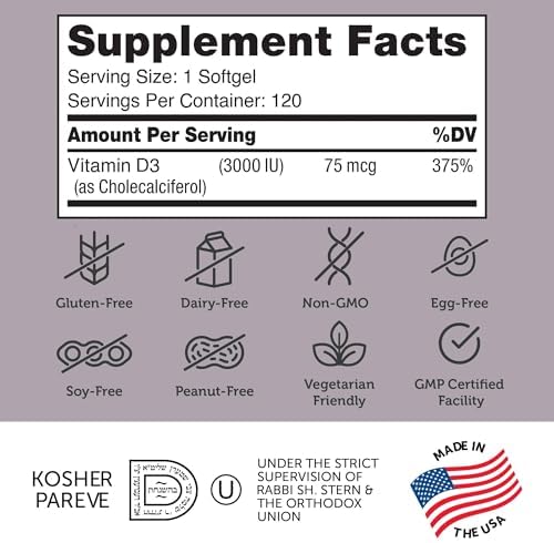 Zahler - Advanced Vitamin D3 3000 IU Softgels (120 Count) Kosher Vegetarian Friendly Vitamin D for Immune Support, Bone, Teeth & Muscle Health - Daily D3 Vitamin Supplement for Adults - Easy Swallow.