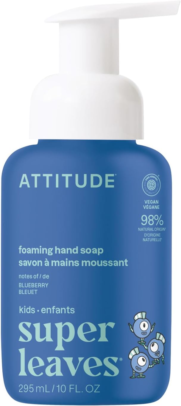 ATTITUDE Foaming Hand Soap for Kids, EWG Verified, Dermatologically Tested, Plant- and Mineral-Based Ingredients, Vegan, Blueberry, 10 Fl Oz