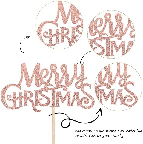 1 Pack Rose Gold Merry Christmas Cake Topper Glitter Holiday Cake Pick Xmas Theme Birthday Party Cake Decorations