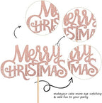 1 Pack Rose Gold Merry Christmas Cake Topper Glitter Holiday Cake Pick Xmas Theme Birthday Party Cake Decorations