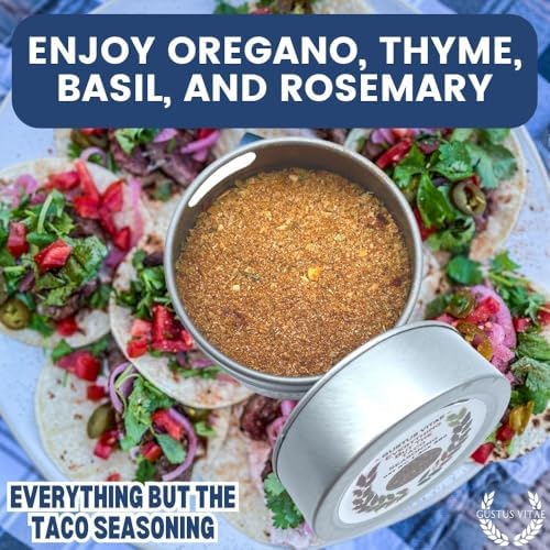 Everything But The Taco Seasoning | Gourmet Spice Blend | Non GMO, All Natural | Handmade in Small Batches in USA | Artisanal Seasoning Mix | Magnetic Tin | GLP-1 Friendly | Sustainably Sourced Rub | Ultra Premium | Gustus Vitae