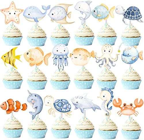 36Pcs Ocean Animal Cupcake Toppers Sea Animals Party Cupcake Sticks Ocean Animal Birthday Cake Picks Sea Theme Party Decorations for Under the Sea Baby Shower Supplies