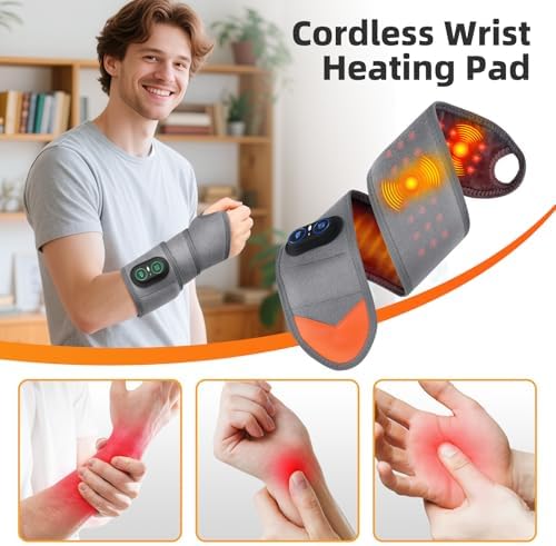 Cordless Wrist Heating Pad for Pain Relief, Wrist Massager for Carpal Tunnel, Heated Wrist Wrap Brace for Arthritis, Red Light Therapy Wrist Brace with 3000mAh Rechargeable, Gray