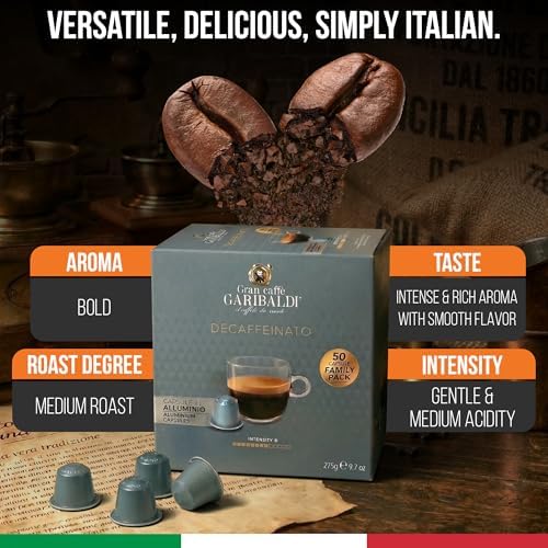 Gran Caffè Garibaldi Decaffeinated Espresso Pods, Italian Roast Coffee, Decaf Capsules Compatible with Nespresso Original Line Machines, Nitrogen Flushed, Intense & Rich Aroma - Decaffeinato (Aluminum) 50 Cups