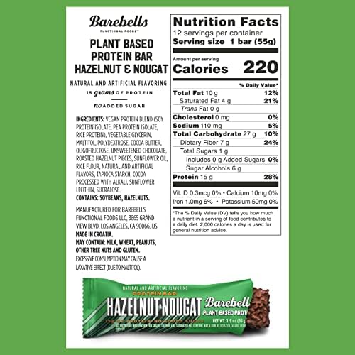 Barebells Vegan Protein Bars Hazelnut & Nougat - 12 Count, 1.9oz Bars - Features Plant Based Protein Bar with 15g of Protein - Chocolate Protein Snacks with Only 1g of Total Sugars - Ideal for