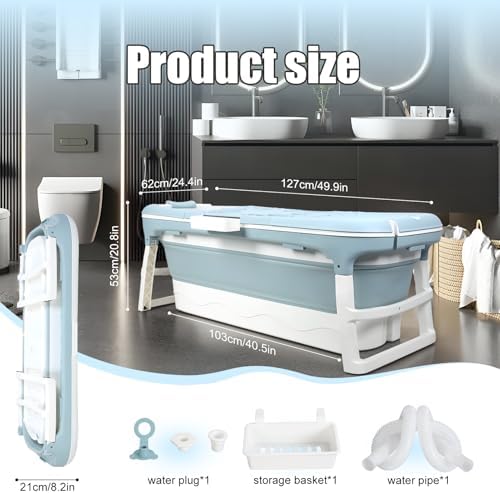 Collapsible Bathtub 58/56/50/46 Inch, Large Portable Bathtub, Freestanding Foldable Tub for Adults, Folding Tub for Shower, Hot Bath, Ice Bath A-blue-130cm