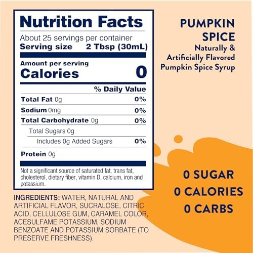 Jordan's Skinny Mixes Sugar Free Coffee Syrup, Holiday Pumpkin Spice Coffee Flavoring Syrup, Zero Calorie Drink Mix for Lattes, Baking, Protein Shake, Dairy & Gluten Free, Kosher, 25.4 Fl Oz