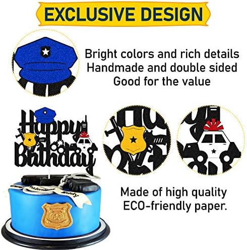 Police Birthday Cake Topper Policeman Officer Police Car Themed for Kids Boy Girl Man Happy Birthday Retirement Party Supplies Black Glitter Decorations