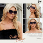 JM 2 Pack Bifocal Reading Sunglasses for Women Fashion Oversized Square Sun Readers Outdoor Reading Glasses UV400 Protection, Black & Clear Blue +2.0
