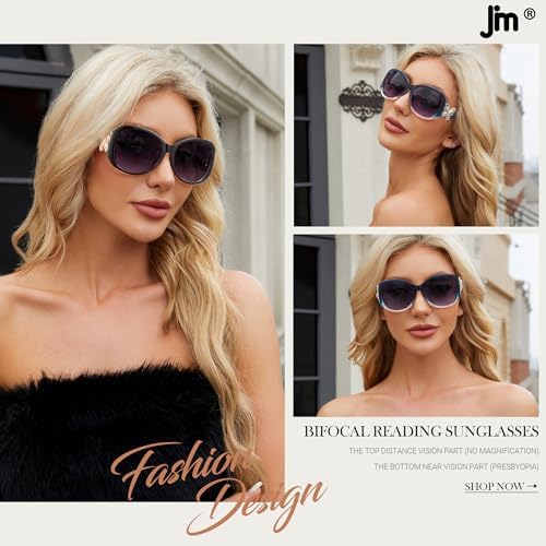 JM 2 Pack Bifocal Reading Sunglasses for Women Fashion Oversized Square Sun Readers Outdoor Reading Glasses UV400 Protection, Black & Clear Blue +2.0