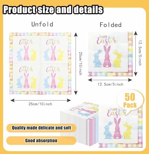 SietDESEO 50 Pieces 3-ply Easter Napkins Disposable Folded 5 x 5 Inches Gingham Cocktail Napkins Rabbit Paper Napkins for Dinner Kitchen Bathroom Easter Party Napkins