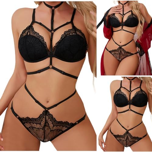 Sexy Cute Strappy Embroidered Mesh Sheer Lingerie Set with Bra and Chain Two Piece Lingerie