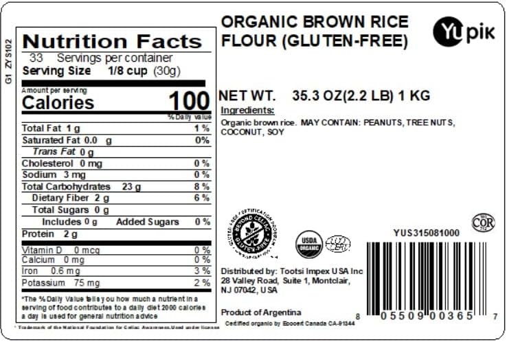 Yupik Organic Brown Rice Flour, 2.2 lb (35.2 oz), Gluten-Free, Non-GMO, Vegan, Kosher, Finely Milled Powder from Whole Grain Brown Rice, Neutral Flavor, Source of Fiber & Protein, For Baking, Cooking