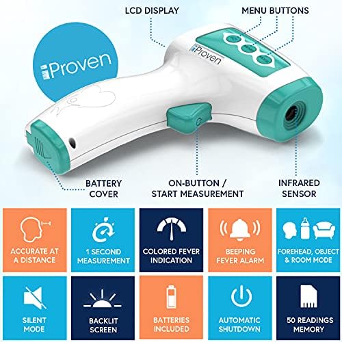 Infrared Forehead Thermometer for Adults and Infants, Touchless iProven Thermometer, 1sec Instant Accurate Readings, 3 in 1 Including Fever Alarm, Silent & Memory Mode