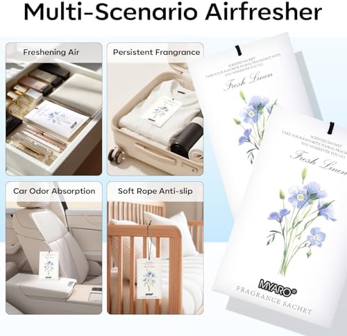 MYARO 12 Pack Fresh Linen Scented Sachets for Drawer, Closet & Car Air Freshener Bags | Odor Eliminator & Fabric Refresher | Crisp, Clean Home Fragrance Gift Set