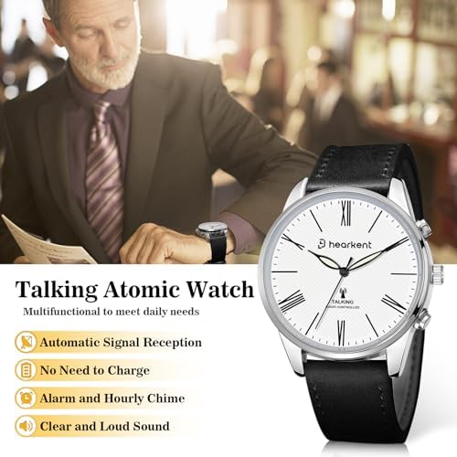 Hearkent Atomic Talking Watches for Visually Impaired, American Accent Voice, Roman Numerals Watch with Leather Band, Speaks Time & Date, Ideal Watch for Elderly & Blind People