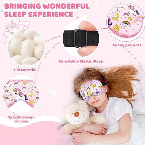 2 Pcs Sleep Mask for Kids Girls, Silk Eye Covers for Sleeping, Adjustable Strap & Light Blocking Design, Children's Bedtime Blindfold for Travel and Home Use (Rainbow Unicorn)