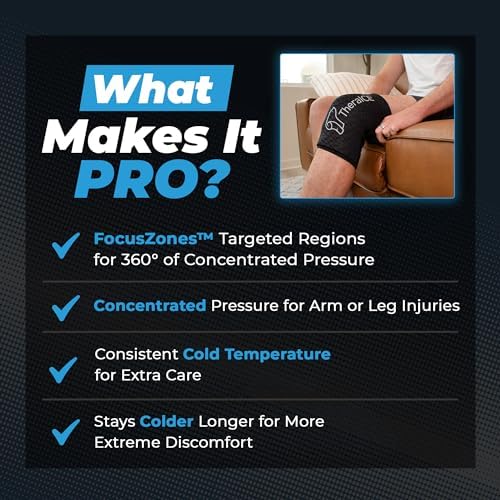 TheraICE Elbow Ice Pack Compression Sleeve for Injuries | Reusable Arm Gel Cold Pack Wrap | Tennis Elbow & Golfers | Calf Tendinitis Pain Relief | Shin Splints | FocusZone Extra Cooling | Women & Men