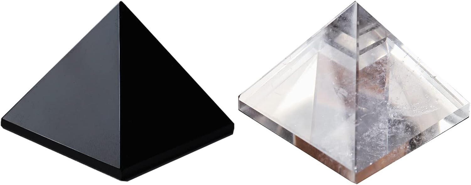 Runyangshi 2pc Clear Quartz + Obsidian Pyramid | 1.6x1.6in (4x4cm) Natural Crystal Energy Generator for Protection & Positive Energy | Healing Crystal Pyramid for Chakra Reiki Home Decor