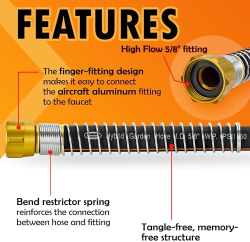 5/8 in. × 50 ft. High Flow Heavy Duty Garden Hose Flexible Hybrid Rubber Water Hose, No Memory Durable Premium Water Hose for Watering, Irrigation, Water Transfer Pump
