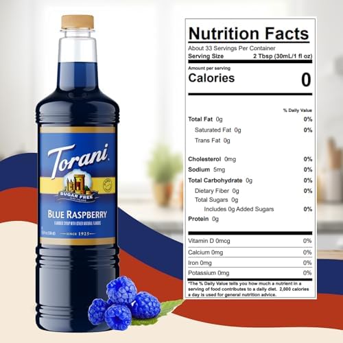 Torani Sugar Free Blue Raspberry Syrup 1 Liter Bottle with Pump Keto Friendly, Zero Calorie, Low Carb, Diabetic Safe Flavoring for Coffee, Shakes, Snow Cones, and Cocktails