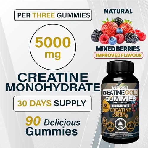 Creatine Gold – 5000mg Creatine Monohydrate, Vegan, Sugar-Free Gummies for Lean Muscle Growth, Endurance, Recovery & Energy (1 Month Supply) with Mixed Berry Flavour.