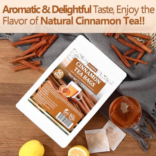 Premium 50 Pure Ceylon Cinnamon Tea Bags, Made with 100% Ceylon Cinnamon Sticks, No Additives & Caffeine Free.