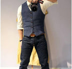 Ceehuteey Mens Suit Vest Waistcoat Tweed Retro V Neck Wool Herringbone for Prom