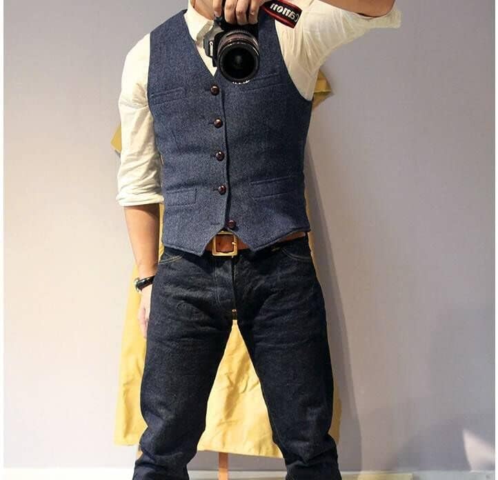 Ceehuteey Mens Suit Vest Waistcoat Tweed Retro V Neck Wool Herringbone for Prom