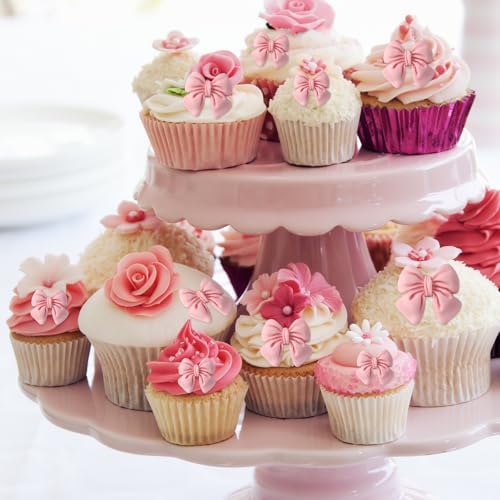 50 Pcs Pink Bow Cupcake Toppers, Bowknot Cake Dessert Picks, Birthday Decorations Drink Topper Bridal Engagement Wedding Baby Shower Princess Cupcake Toppers for Party Theme Decoration Supplies