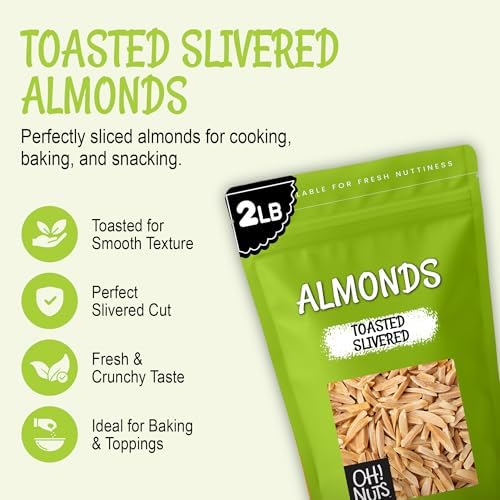 Oh! Nuts Almonds Toasted Slivered - Raw - 100% Natural - 2 lb - High-Protein Almonds - Packed in New York Zip-Seal Bag for Exceptional Freshness