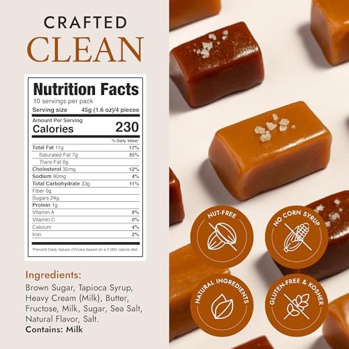 Béquet Assorted Caramels - Gourmet Individually Wrapped Candy Variety Pack - Celtic Sea Salt, Salt Chocolate, Classic Vanilla, Butterscotch, Green Apple, Salted Mocha & Salted Butterscotch - 24 oz Resealable Pouch