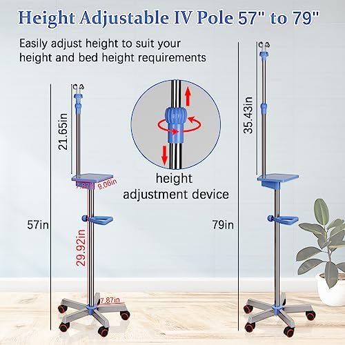 Medical IV Pole with Wheels - Stainless Steel Adjustable 57" to 79" Height IV Stand with Tray and 4 Hooks for Hospital, Home Infusion Practice and Therapy