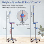 Medical IV Pole with Wheels - Stainless Steel Adjustable 57" to 79" Height IV Stand with Tray and 4 Hooks for Hospital, Home Infusion Practice and Therapy