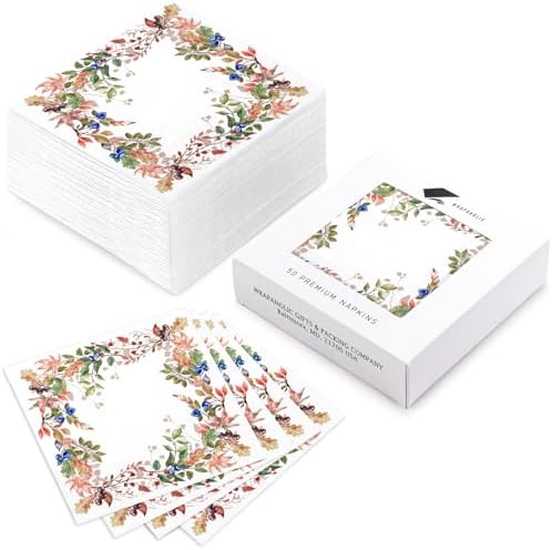 WRAPAHOLIC 50Pcs Fall Paper Napkins - 3-Ply Autumn Fruits Leaves Disposable Cocktail Napkins for Autumn, Thanksgiving Party Supplies Tableware - 5 x 5 In