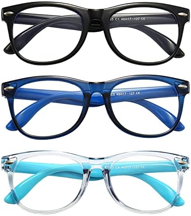 3 Pack Kid Blue Light Glasses For Kids Girls Boys Computer Blue Light Kids Glasses Clear Glasses Age 3-9 (Black + Dark blue + Light blue)