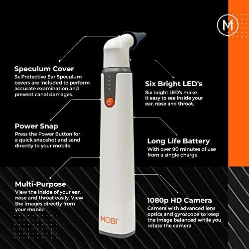 MOBI Connect Wi-Fi Otoscope for Ears, Nose & Throat - 1080P HD Lens, Multi-Axis Gyroscope, 6 LED Lights, 90+ Min Use, 3 Ear Speculum, Suitable for Adults & Children