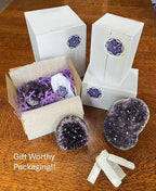Premium Amethyst Geode Stone Crystal Cluster .5 - .75 Pound Geode - Each Piece is Unique & Natural - Raw Healing Crystal Rock from Uruguay - Deep Purple Decoration - FREE 3" Selenite Wand