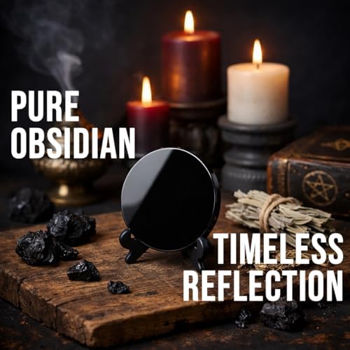 Black Obsidian Scrying Mirror 3.94 in with Wooden Stand, Premium Quality Obsidian Mirror for Meditation, Witchcraft, Divination and Spiritual Practices (100 mm)
