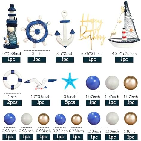 Nautical Cake Topper Ship Lighthouse Blue White Ball Cake Toppers Seagulls Anchor Rudder Cake Decorations for Nautical Theme Birthday (Style 01)