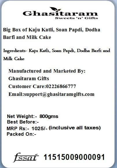 Ghasitaram Gifts Indian Sweets - Diwali Gifts Diwali Sweet - Big Box of Kaju Katli, Soan Papdi, Dodha Barfi and Milk Cake