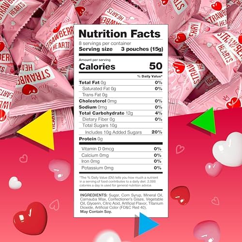Strawberry Hearts | 24 Mini Packs | Hard Candy Individually Wrapped for Classroom and Party Favors | White, Red and Pink Hearts for Sharing and Gifting