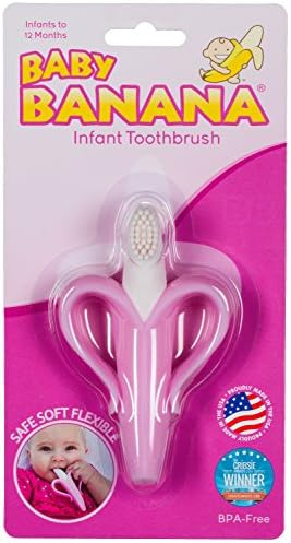 Baby Banana®Pink Teether-Toothbrush, Infant to Toddler, Made in USA, Butter-Soft Bristles for Gums and Teeth, Bendable Food Grade Silicone, Family-Owned Buisness Since 2009, 11 Million+ Sold