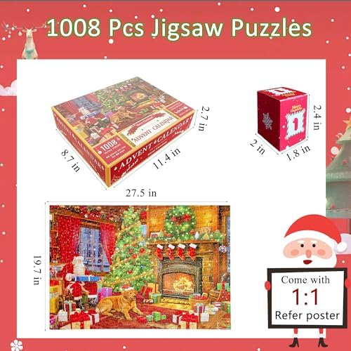 Puzzle Advent Calendar 2025 for Christmas, 1008PCS Holiday Advent Puzzles Calendar, 24 Days Countdown Advent Jigsaw Puzzle for Adults, Santa Puzzles Christmas Wall Decoration (27.56 x 19.68 Inch)