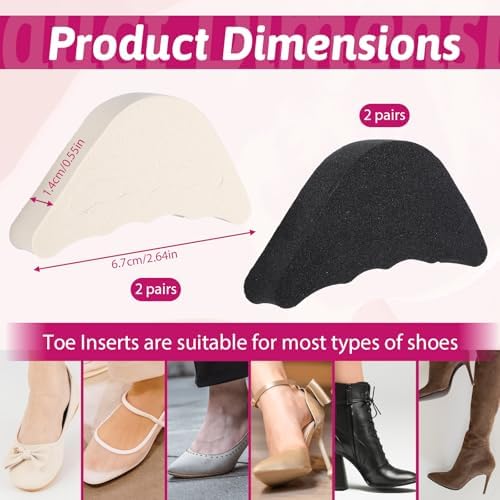 4 Pairs Shoe Toe Filler, Adjustable Toe Inserts for Shoes Half-Size Cushion Sponge Insoles, Make Shoes Fit One Size Smaller for Women & Men, Casual, Heels, Boots (Beige & Black)