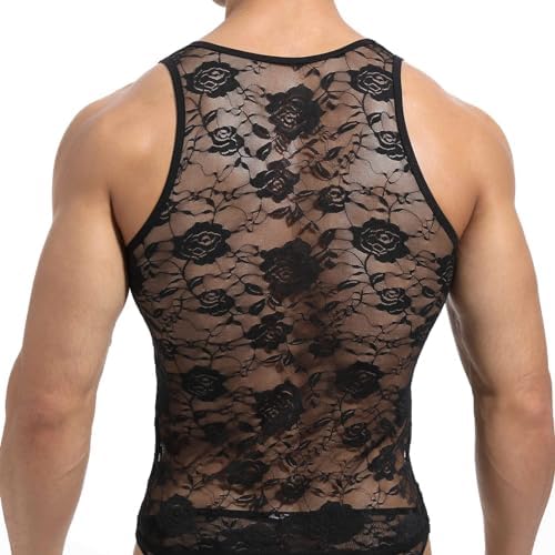 Men Lace Shirt See Through Tank Top Sleeveless Fishnet Sheer Underwear Sissy Lingerie for Crossdressers