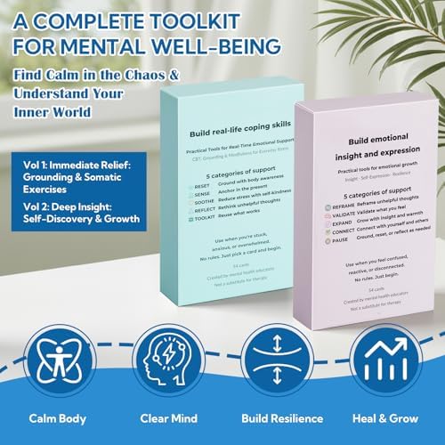 108 Mindfulness Cards for Coping Skills & Mind Brain Emotional Insight Cards - Somatic Therapy for Stress Relief & Anxiety - CBT, Grounding, Self Care Techniques for Teens | Adults | Therapists