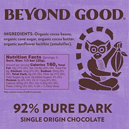 Beyond Good 92% Cocoa Pure Dark Chocolate | 6 Pack - Chocolate Bars | Organic, Direct Trade, Vegan, Kosher, Non-GMO | Single Origin Heirloom Madagascar Dark Chocolate