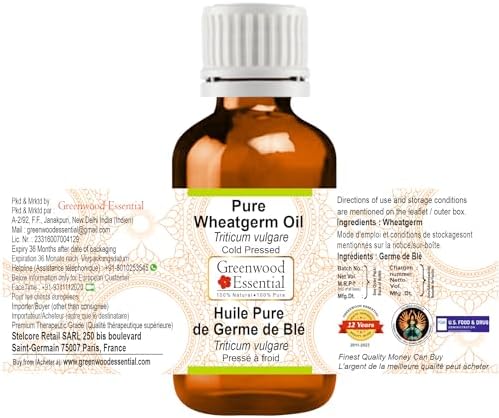 Greenwood Essential Wheatgerm Oil (Triticum vulgare) | Cold Pressed | Natural | Undiluted | For Diluting Essential Oils | For Skin & Massage | Men & Women | 100ml (3.38 oz)