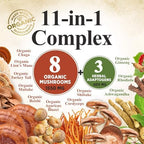 Mushroom Powder Supplement - 11-in-1 Blend - Organic Lions Mane, Reishi, Cordyceps, Chaga, Turkey Tail Mushroom Extract Powder - Brain & Immune Support Mushrooms Powder - Bottled in USA - 60 Servings